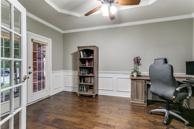 office space with ornamental molding, dark hardwood / wood-style floors, ceiling fan, and french doors