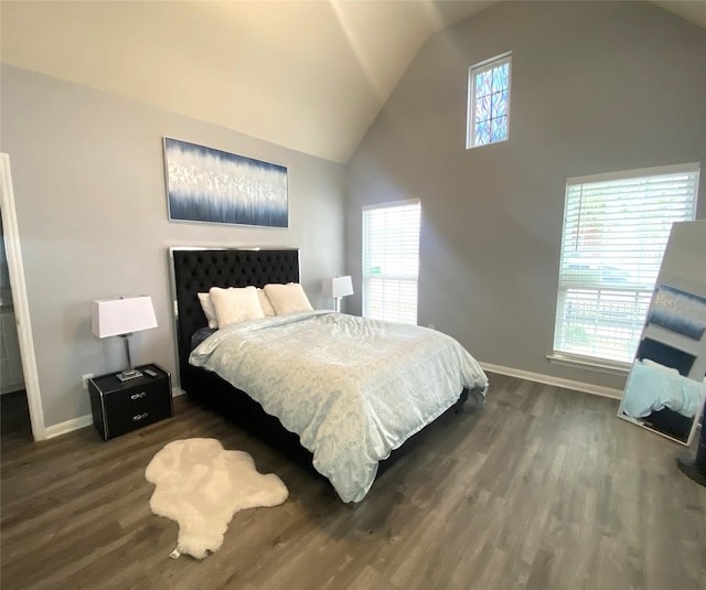 bedroom featuring lofted ceiling and dark hardwood / wood-style floors