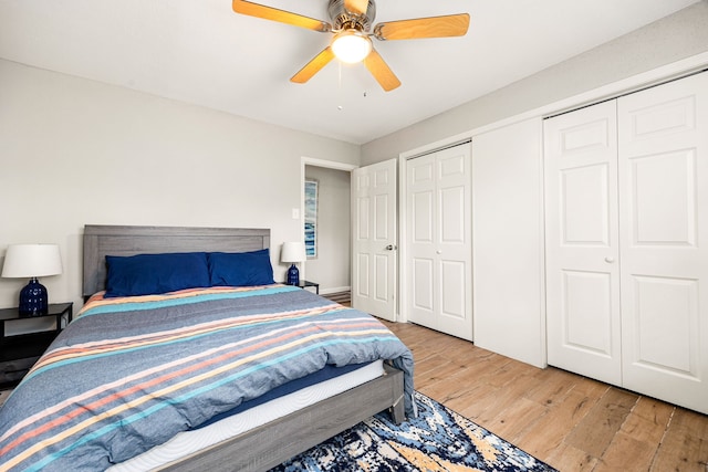 bedroom featuring ceiling fan and wood-type flooring