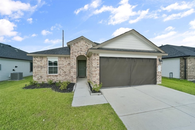 single story home featuring central AC, a garage, and a front lawn