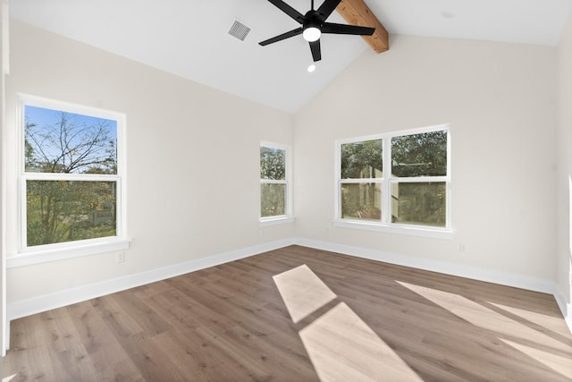 empty room with beamed ceiling, ceiling fan, high vaulted ceiling, and hardwood / wood-style floors