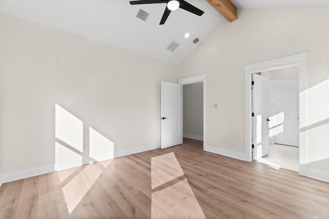 interior space with high vaulted ceiling, light hardwood / wood-style flooring, a closet, ceiling fan, and beam ceiling