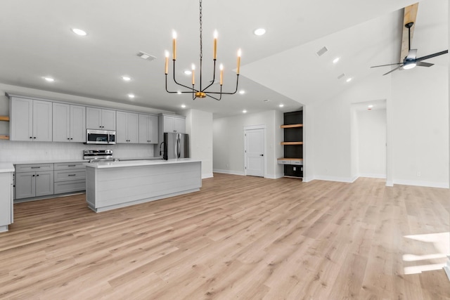 kitchen featuring decorative light fixtures, tasteful backsplash, gray cabinetry, stainless steel appliances, and a center island with sink