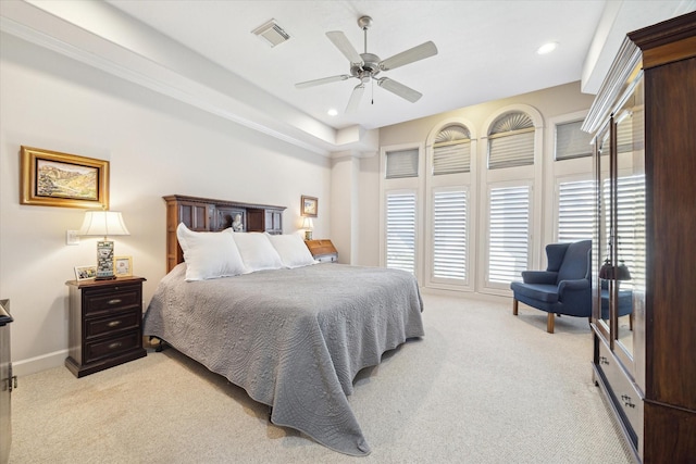 bedroom with light colored carpet and ceiling fan