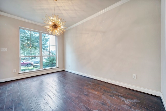 spare room with dark hardwood / wood-style flooring, crown molding, and an inviting chandelier