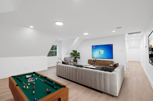 game room featuring hardwood / wood-style flooring, lofted ceiling, and billiards