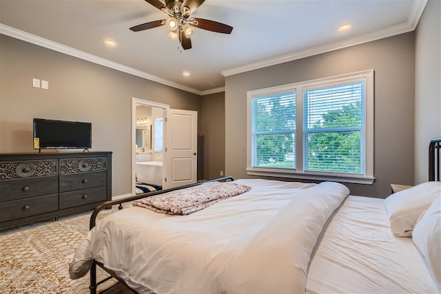 bedroom with ensuite bathroom, ornamental molding, and ceiling fan