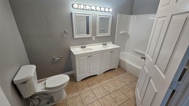 full bathroom with tile patterned flooring, vanity, toilet, and washtub / shower combination