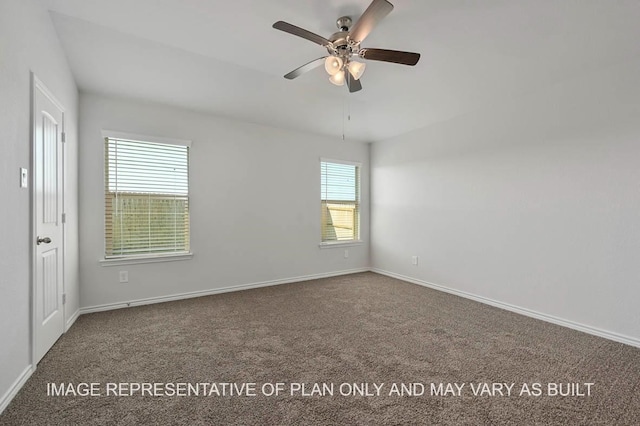 unfurnished room featuring ceiling fan and carpet flooring