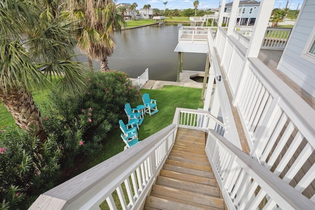 exterior space with a water view