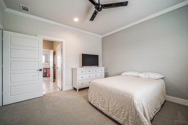 carpeted bedroom featuring ornamental molding and ceiling fan