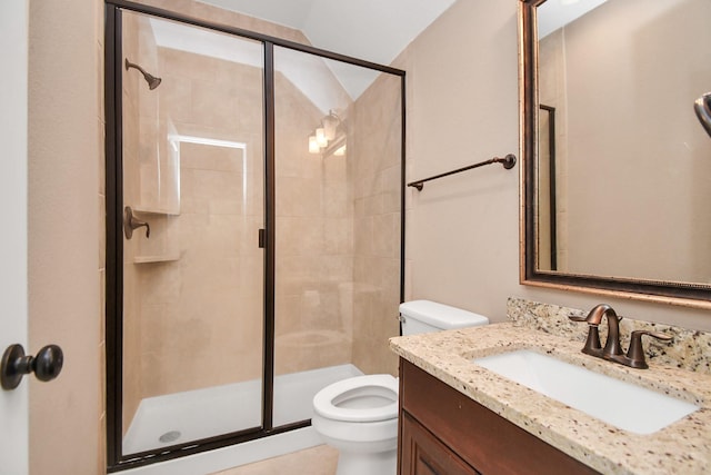 bathroom with vanity, a shower with shower door, and toilet