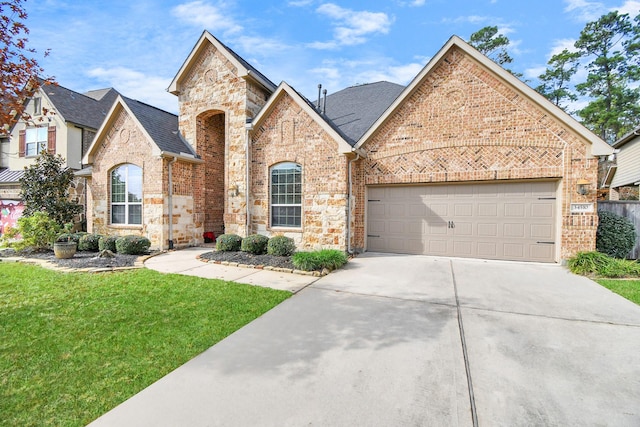 view of front of property featuring a garage and a front lawn