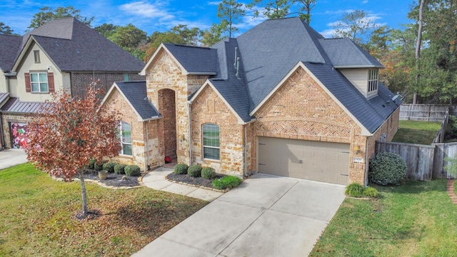 view of front of property featuring a garage and a front lawn