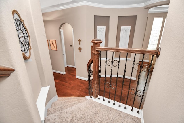 staircase with crown molding and hardwood / wood-style floors