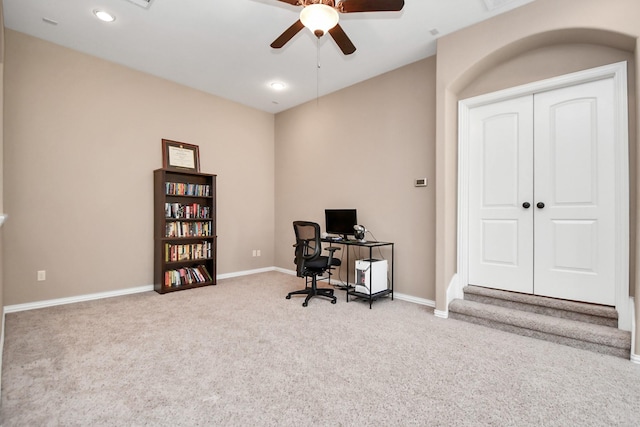 office with carpet and ceiling fan