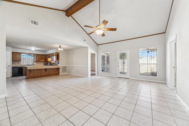 unfurnished living room featuring beamed ceiling, ceiling fan, high vaulted ceiling, and light tile patterned floors