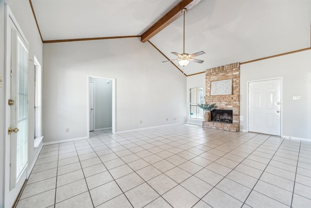 unfurnished living room with high vaulted ceiling, a brick fireplace, light tile patterned floors, beamed ceiling, and ceiling fan