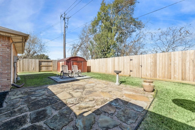 view of patio / terrace featuring a storage shed