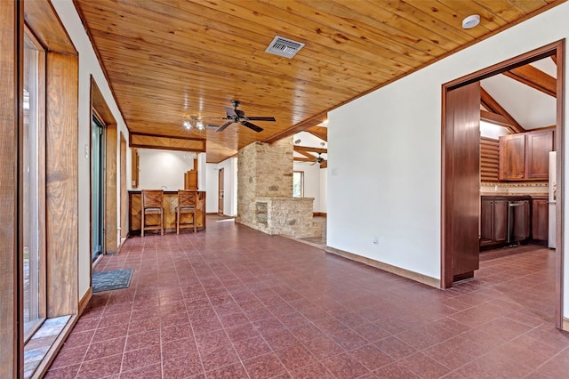 interior space featuring wooden ceiling, visible vents, and ceiling fan