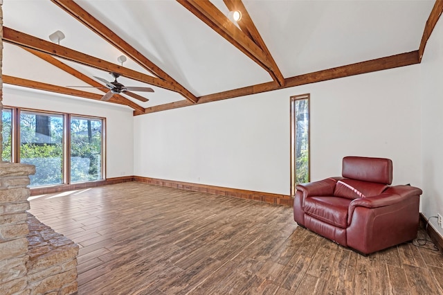 unfurnished living room featuring hardwood / wood-style floors, beam ceiling, high vaulted ceiling, and ceiling fan