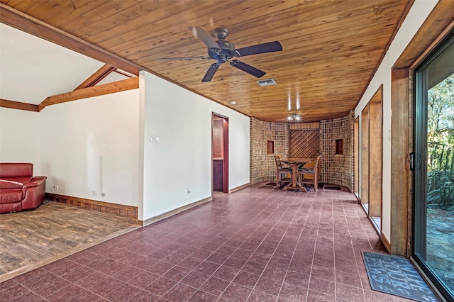 unfurnished room featuring a ceiling fan, lofted ceiling, wooden ceiling, and visible vents