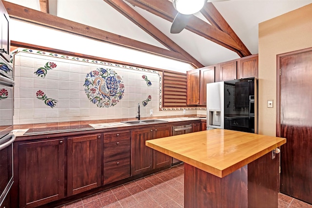 kitchen with vaulted ceiling with beams, a kitchen island, a sink, tasteful backsplash, and smart refrigerator