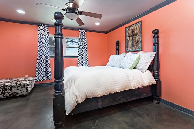 bedroom with crown molding and ceiling fan