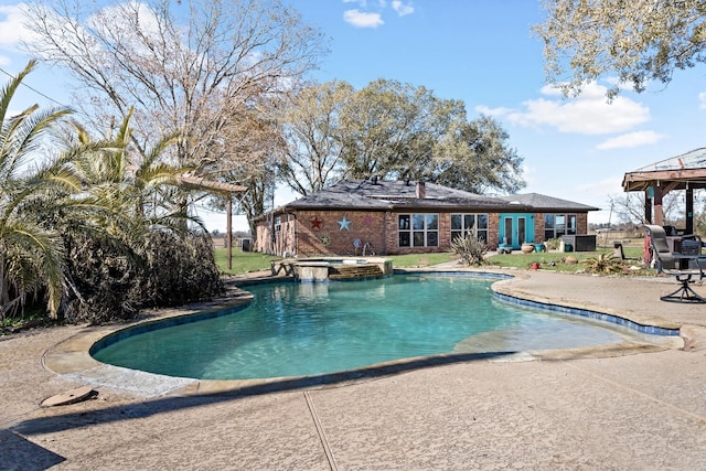 view of swimming pool featuring a gazebo, a patio area, and an in ground hot tub