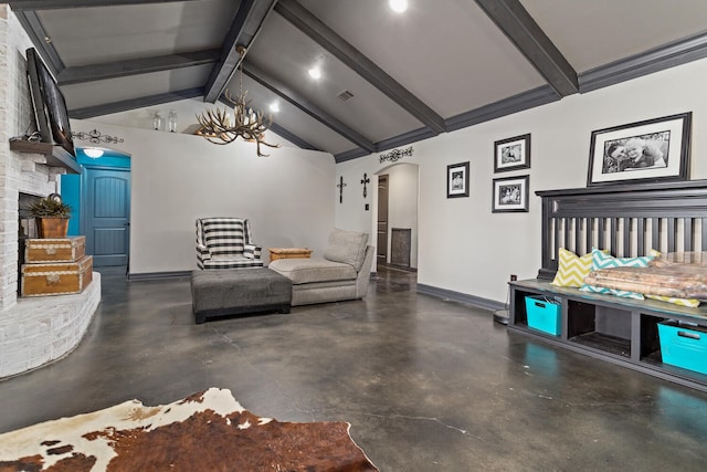 living room featuring a notable chandelier and lofted ceiling with beams