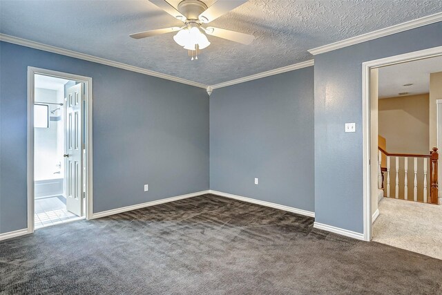 carpeted empty room with crown molding, a textured ceiling, and ceiling fan