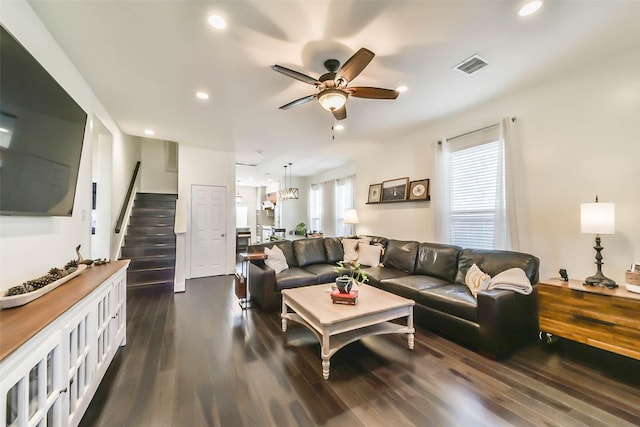 living room featuring visible vents, recessed lighting, ceiling fan, and dark wood-style flooring