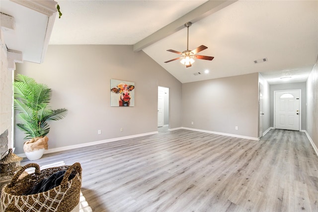 unfurnished living room featuring light hardwood / wood-style flooring, lofted ceiling with beams, and ceiling fan