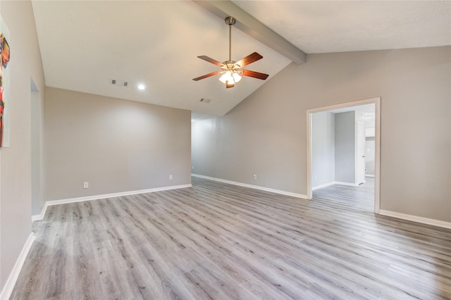 empty room with vaulted ceiling with beams, ceiling fan, and light hardwood / wood-style flooring