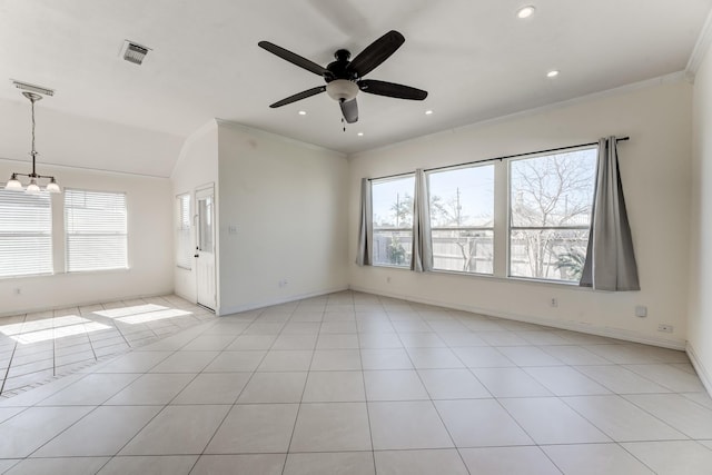 unfurnished room featuring crown molding, plenty of natural light, ceiling fan with notable chandelier, and light tile patterned floors