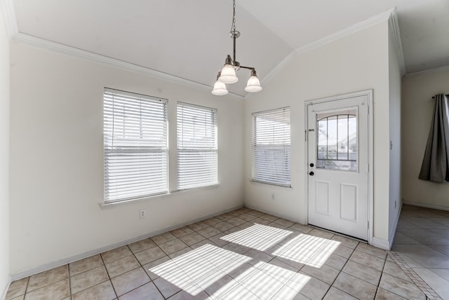 unfurnished dining area with vaulted ceiling, ornamental molding, light tile patterned flooring, and a notable chandelier