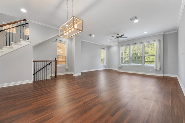 unfurnished living room with crown molding, dark wood-type flooring, and ceiling fan with notable chandelier