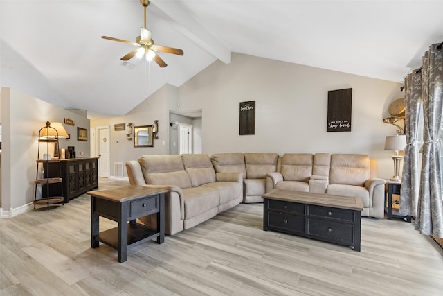 living room with beam ceiling, high vaulted ceiling, ceiling fan, and light wood-type flooring