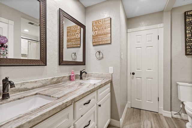 bathroom with vanity, hardwood / wood-style floors, and toilet