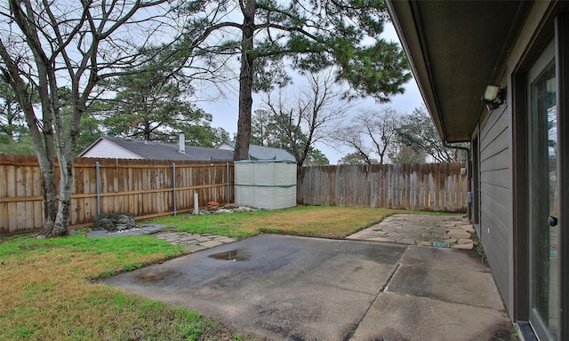 view of yard with a storage unit and a patio