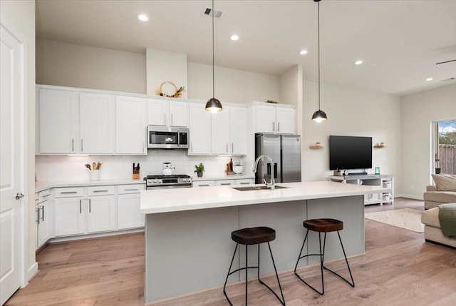 kitchen featuring sink, appliances with stainless steel finishes, white cabinetry, backsplash, and a kitchen island with sink