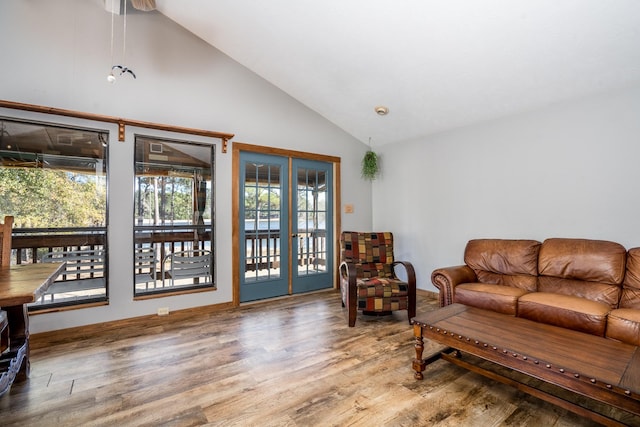 living room with hardwood / wood-style flooring and high vaulted ceiling