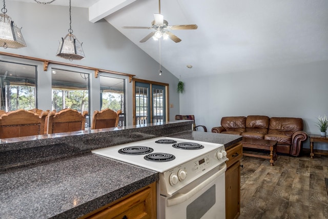 kitchen featuring dark wood-type flooring, beamed ceiling, decorative light fixtures, electric stove, and ceiling fan