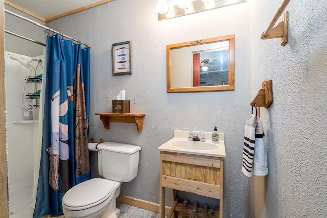 bathroom with toilet, vanity, and a shower with curtain