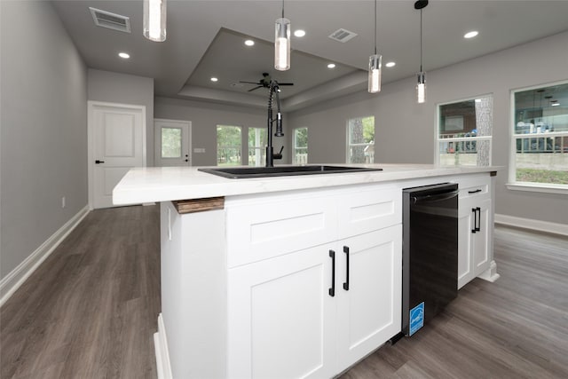 kitchen with sink, white cabinetry, a kitchen island with sink, a tray ceiling, and decorative light fixtures