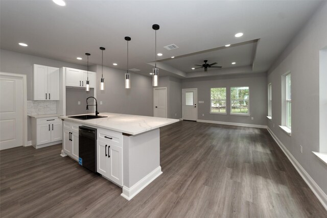 kitchen featuring sink, white cabinetry, a tray ceiling, an island with sink, and decorative light fixtures