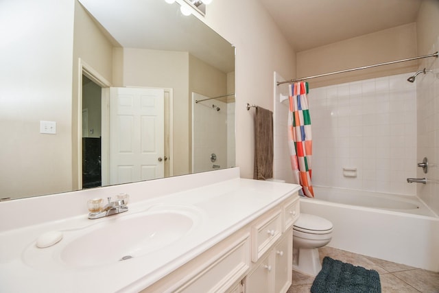 full bathroom featuring shower / bath combination with curtain, vanity, toilet, and tile patterned flooring