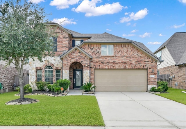 14615 Bent Gulch Ln, Cypress, TX 77429 - view of front of house featuring brick siding, a garage, a front lawn, and driveway