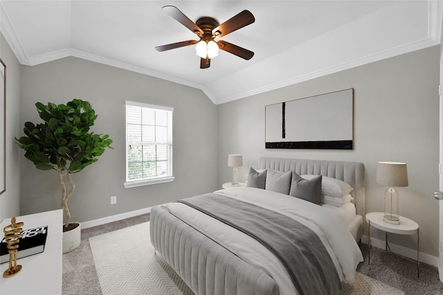 bedroom with lofted ceiling, crown molding, light colored carpet, and ceiling fan