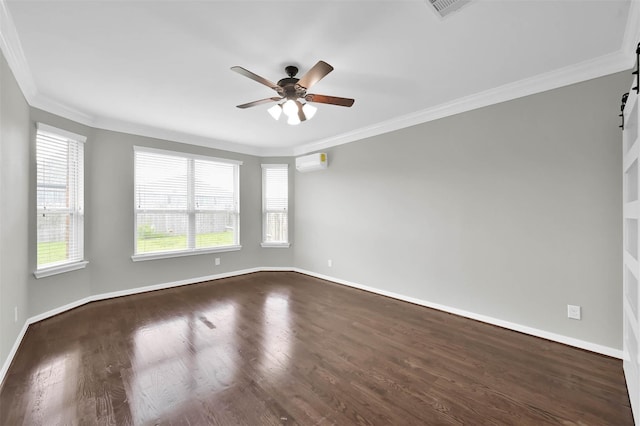 unfurnished room featuring a healthy amount of sunlight, ceiling fan, crown molding, and a wall mounted AC